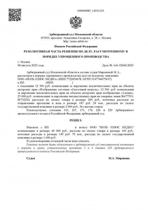 Картинка Нарушение исключительных прав на изображения героев мультфильма «Изображение логотипа «Сказочный патруль» и «Аленка»